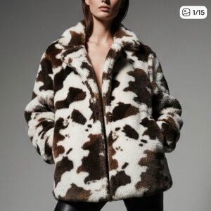 Anthropologie Blank NYC Brown Cow Print Faux Fur Coat